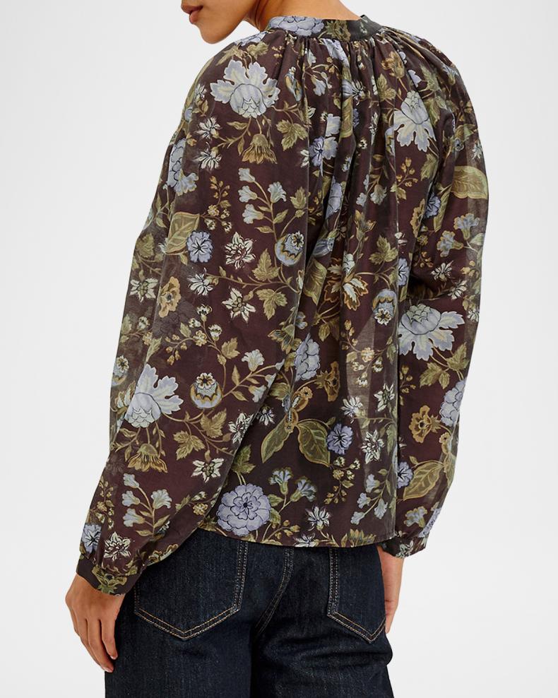 Rails Tali floral blouse in dark brown with blue blooms, gathered neckline, long sleeves