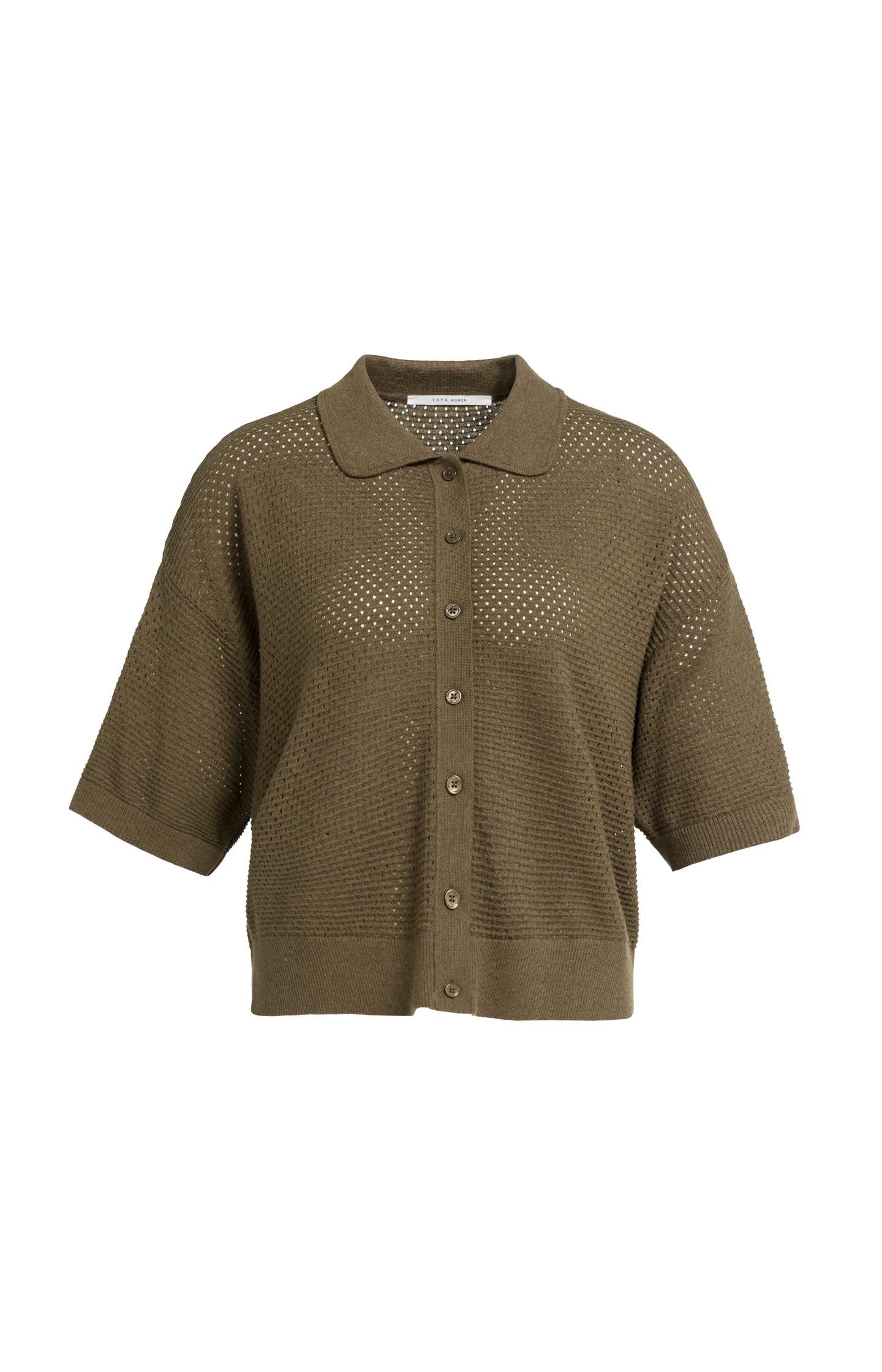 YAYA mesh stitch short-sleeve cardigan in teak brown melange with button front and collar