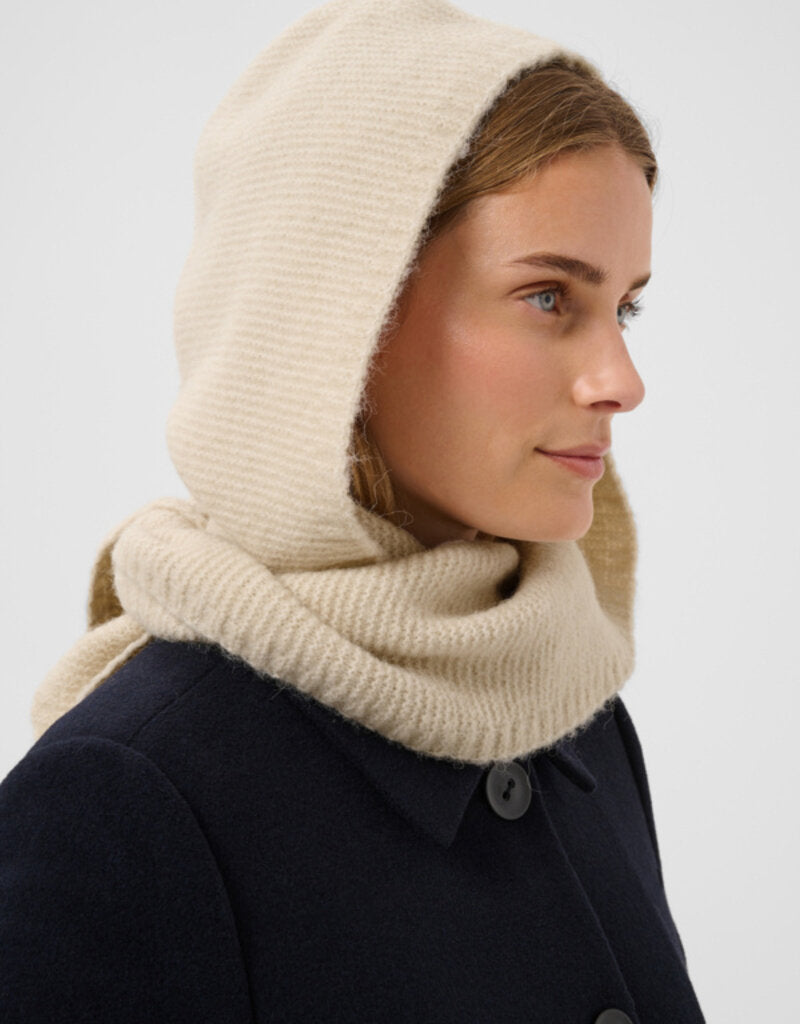Part Two Charline cream ribbed knit hood scarf worn over dark coat