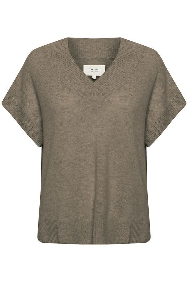 Part Two Everlotta cashmere pullover in mole melange, V-neck short sleeve knit top flat lay