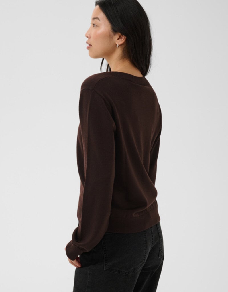 Woman wearing dark brown YONA crewneck sweatshirt by Part Two, back view
