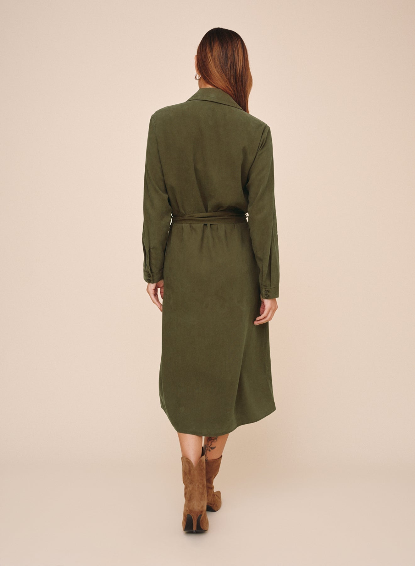 Back view of Bella Dahl olive green maxi shirt dress with belt and long sleeves