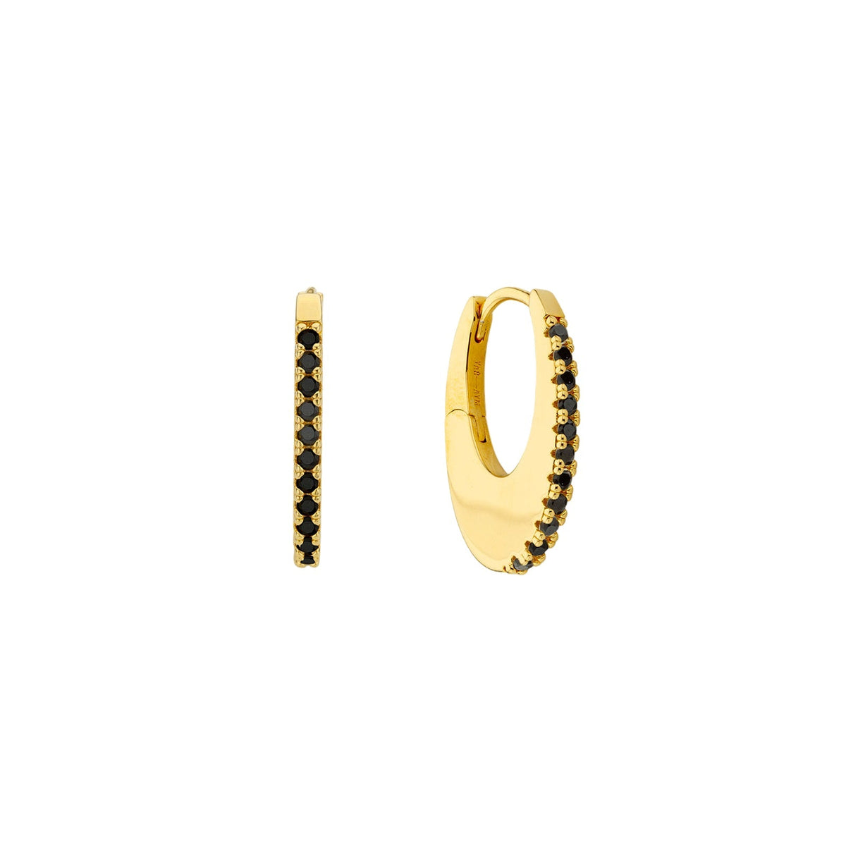 MYA-BAY Black Stellar gold hoop earrings with black pavé stones, shown open and closed