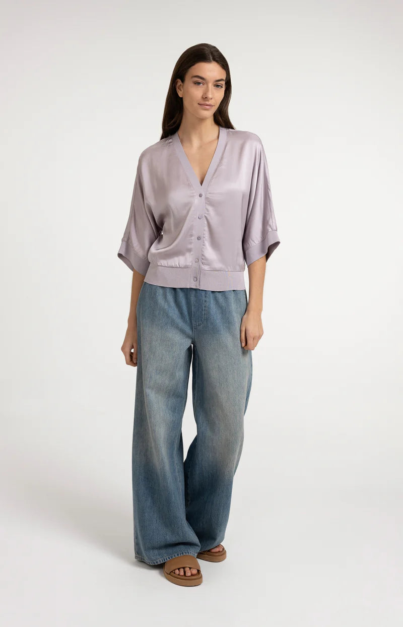 SATIN CARDIGAN W RIBBED TRIM