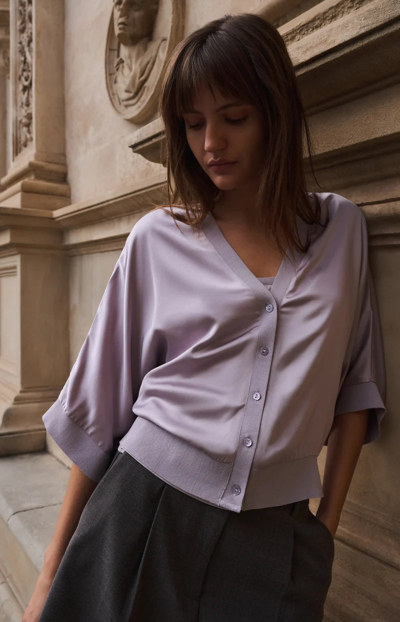 SATIN CARDIGAN W RIBBED TRIM