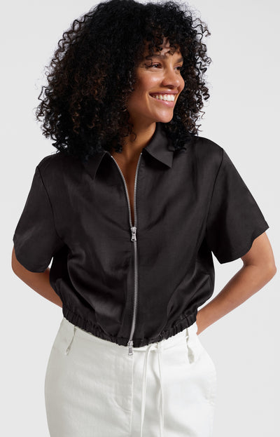 SATIN CROPPED SHORTSLEEVE JACKET WITH ZIPPER