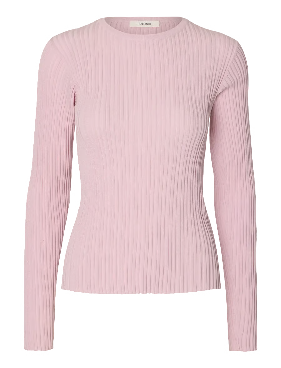 Selected Toledo ribbed knit long-sleeve top in pale orchid pink with crew neck