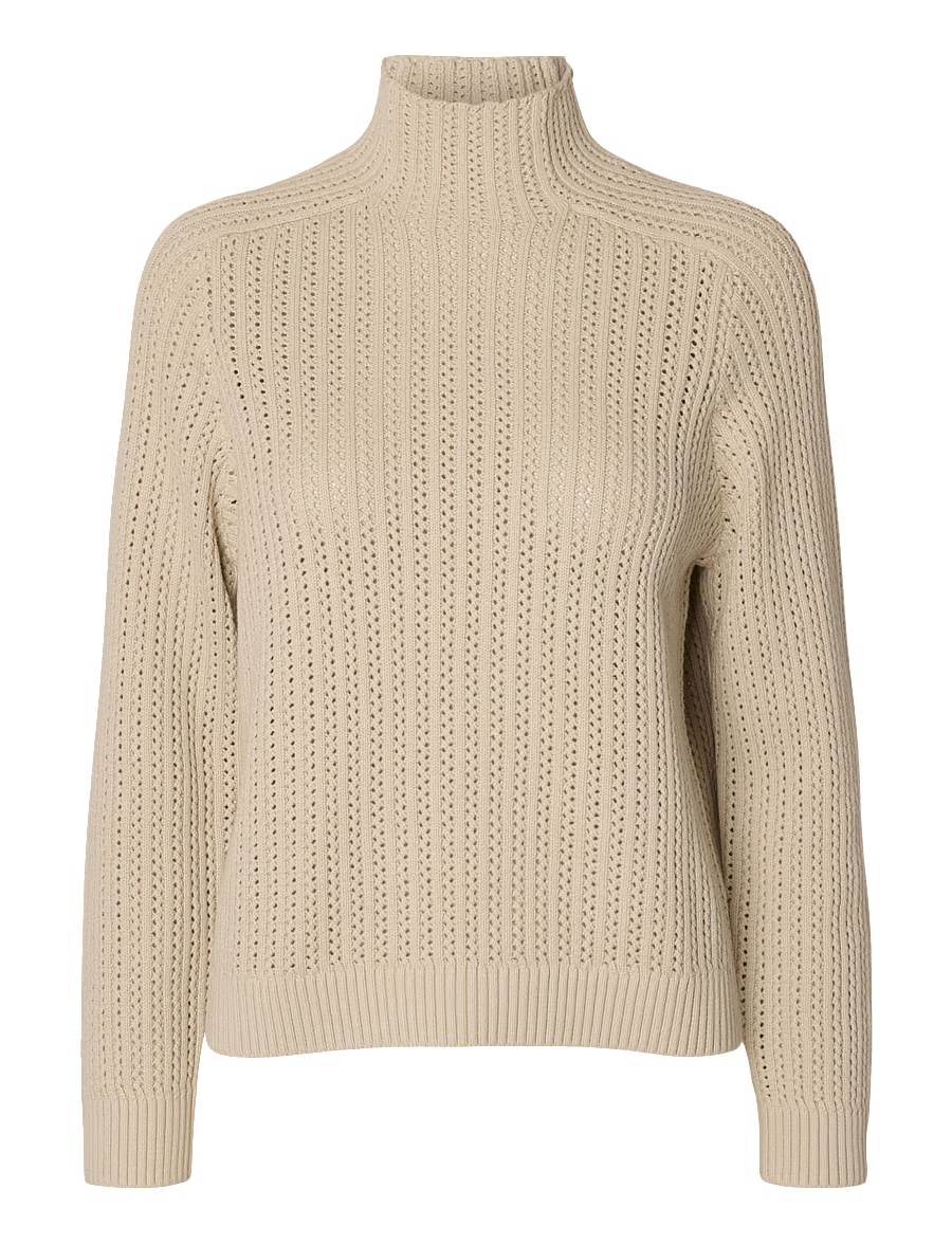Beige structured knit turtleneck sweater with open-stitch pattern and ribbed cuffs