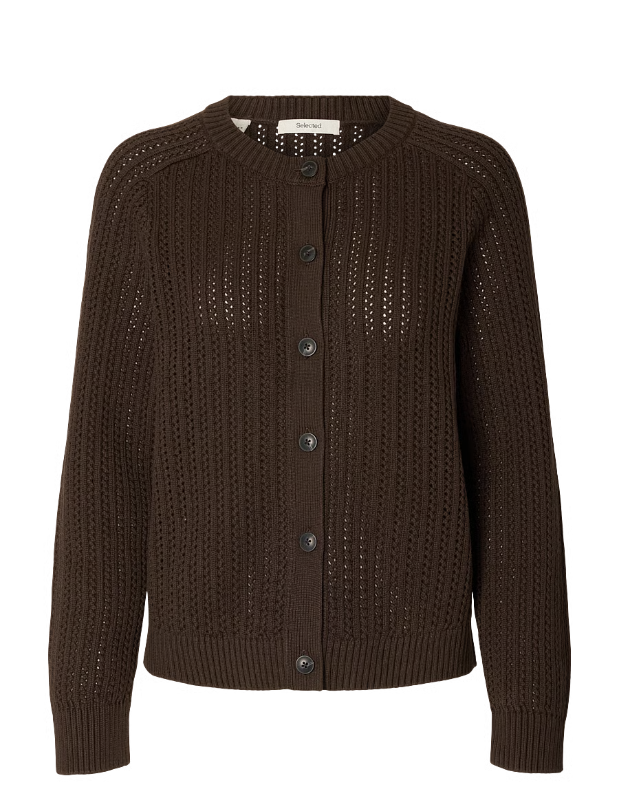 Selected Wolga dark brown ribbed knit cardigan with button front and pointelle detail