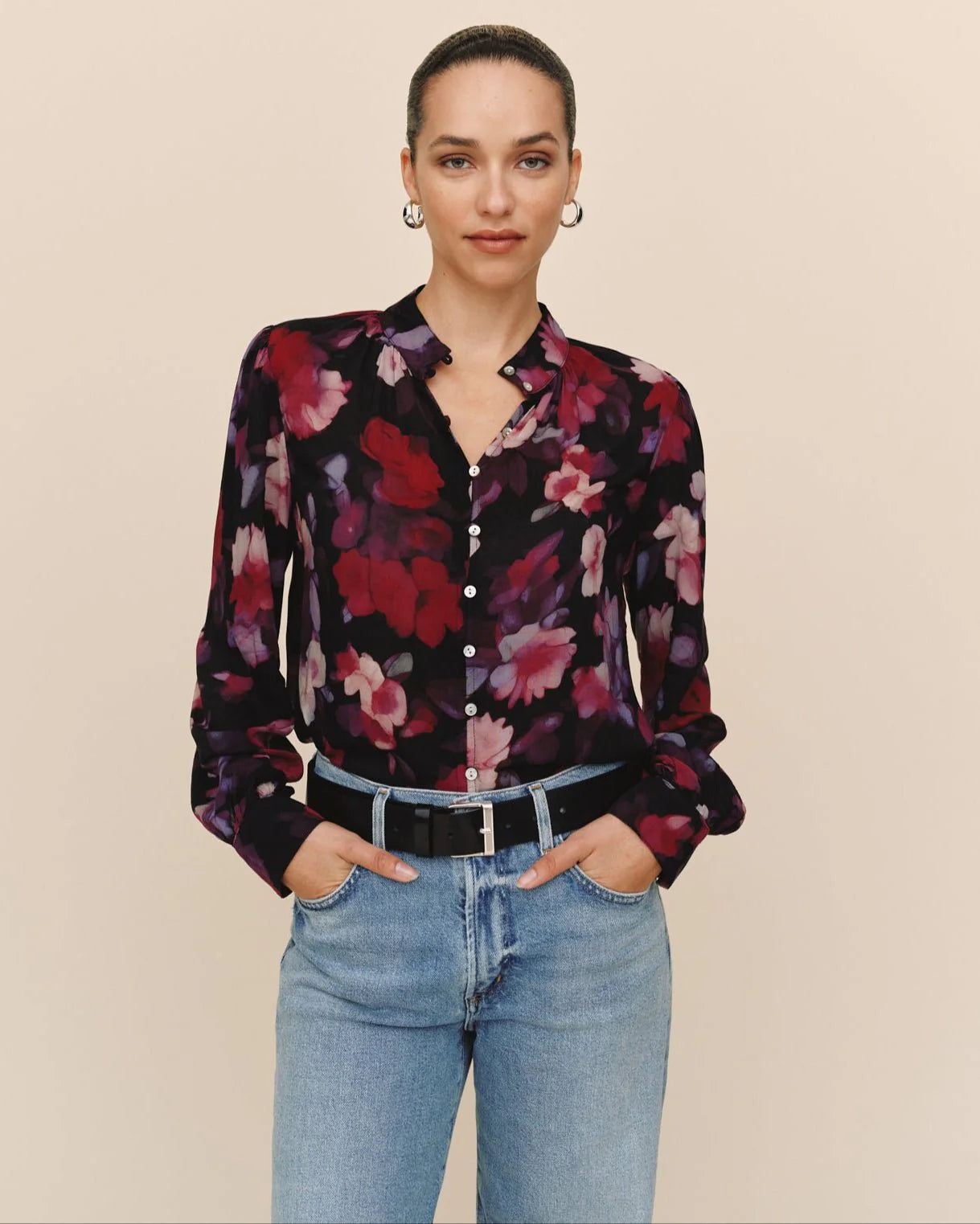 SHIRRED BUTTON UP BLOUSE