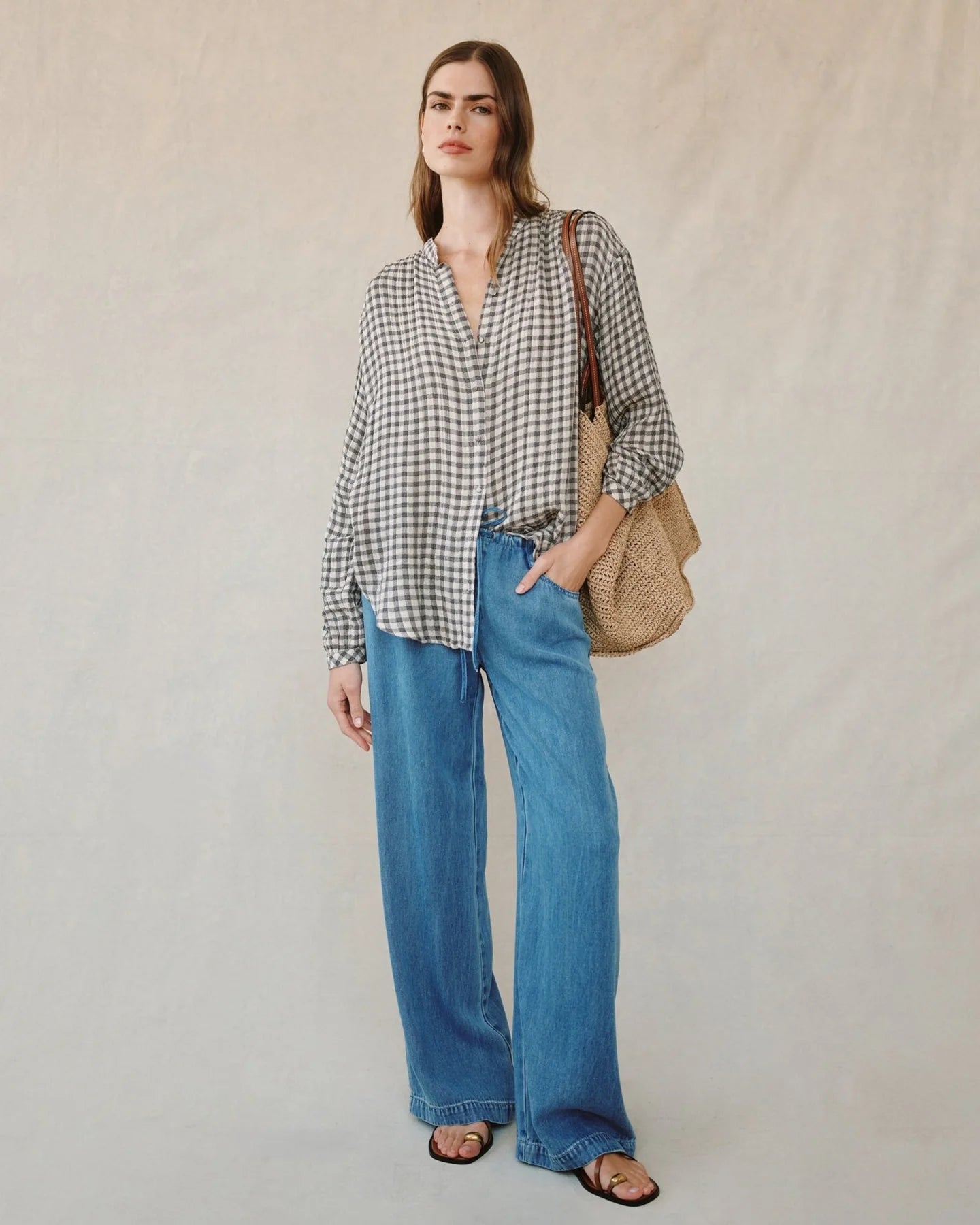 SHIRRED MANDARIN COLLAR SHIRT