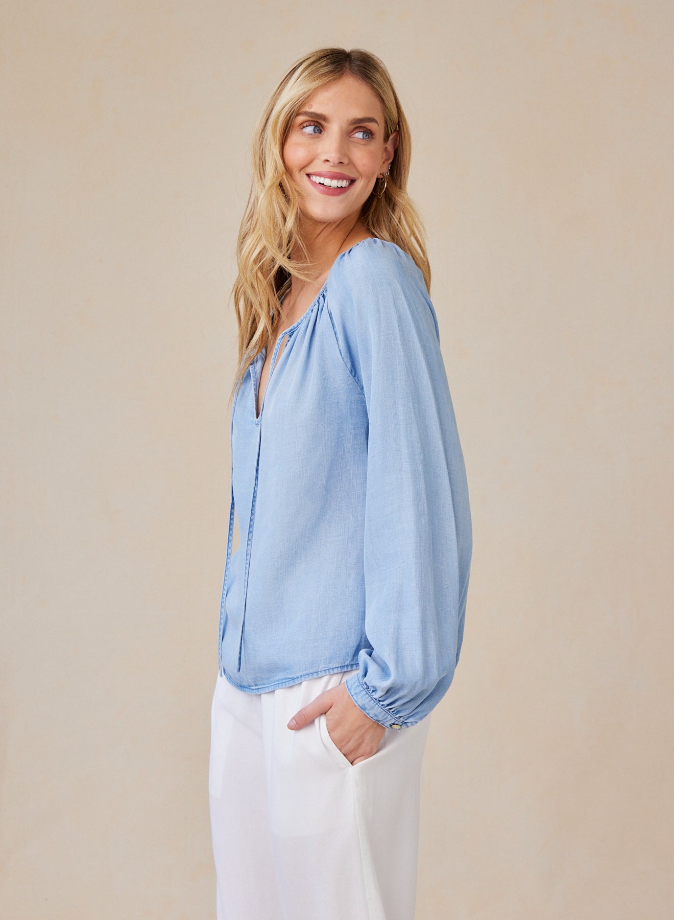SHIRRED RAGLAN TIE FRONT BLOUSE