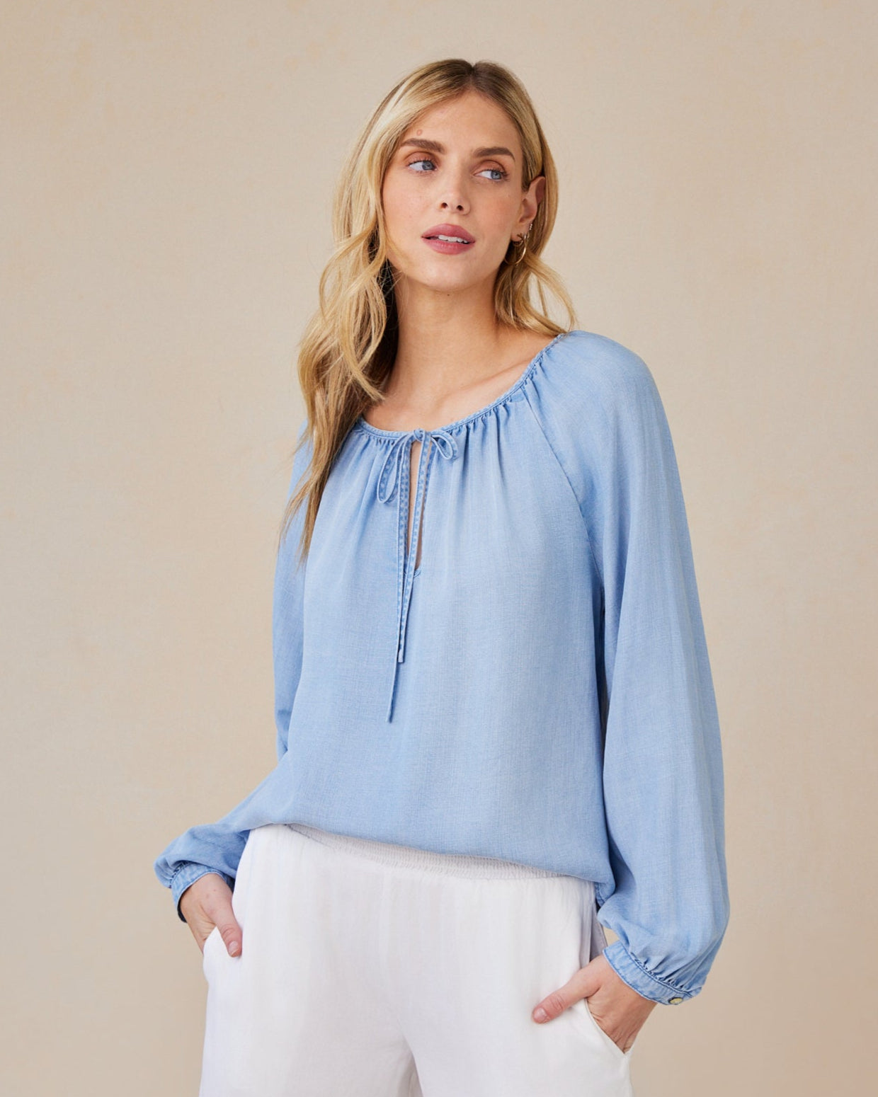 SHIRRED RAGLAN TIE FRONT BLOUSE