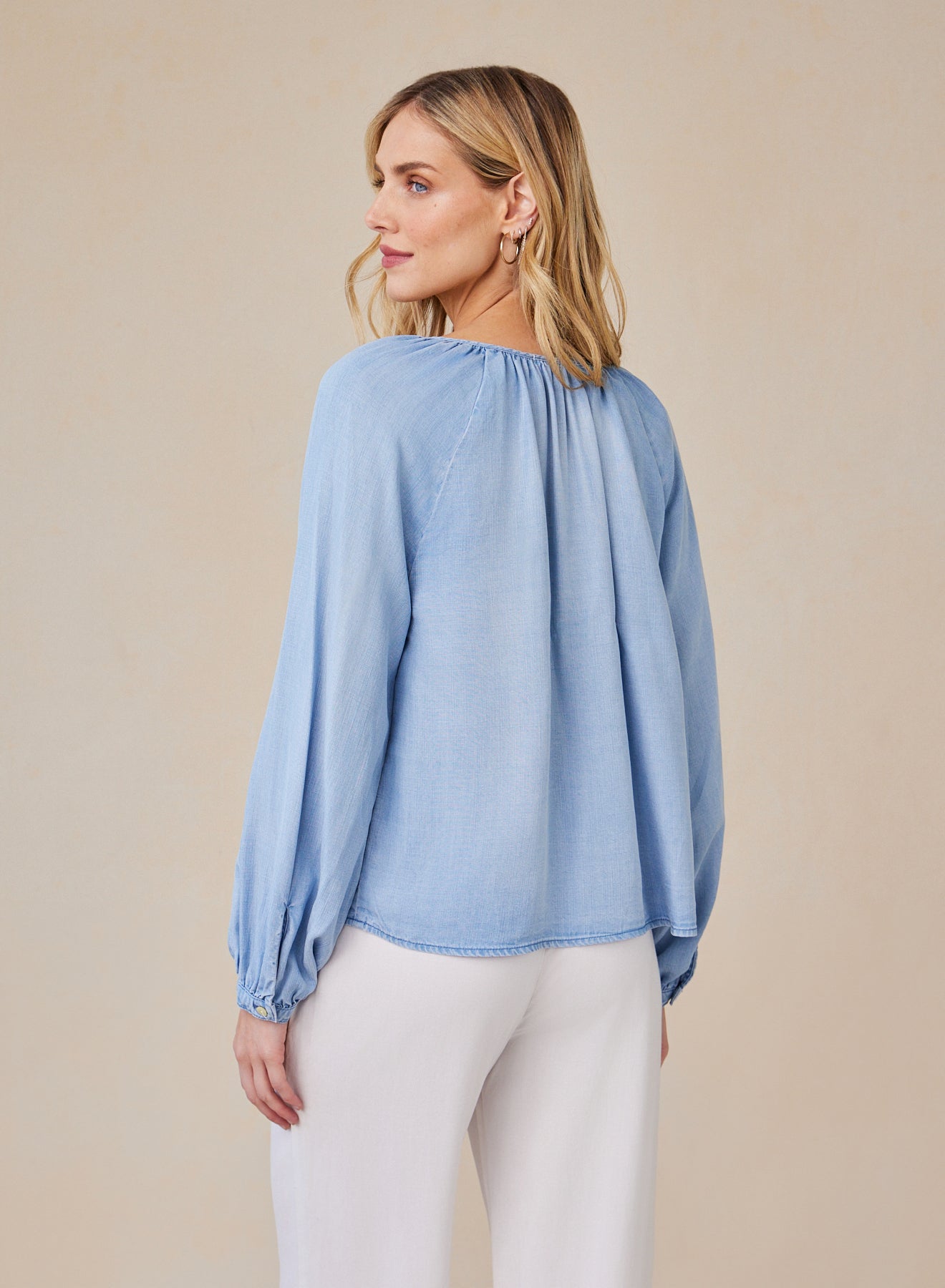 SHIRRED RAGLAN TIE FRONT BLOUSE