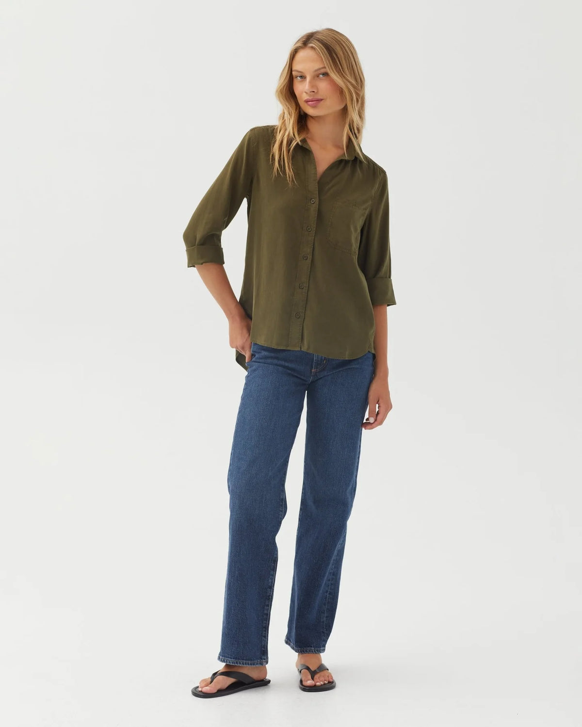 Olive green cropped button-down shirt with 3/4 sleeves and chest pocket