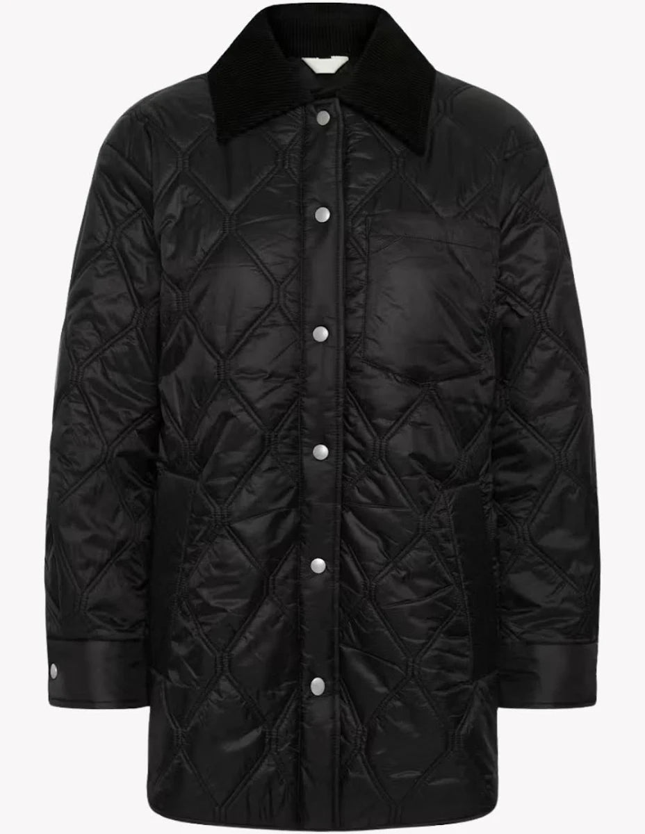 InWear Houston black quilted shirt jacket with corduroy collar and snap buttons