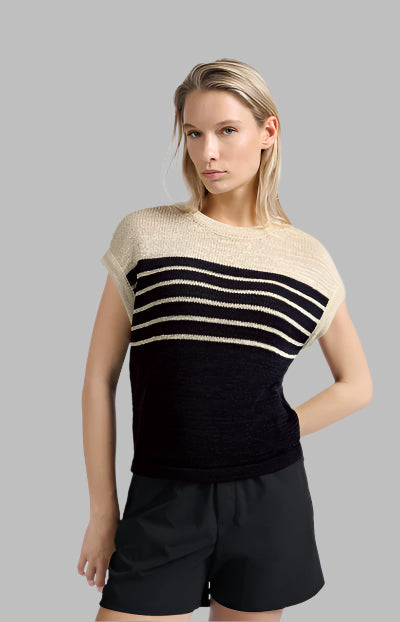 SLEEVELESS STRIPED TAPE YARN SWEATER