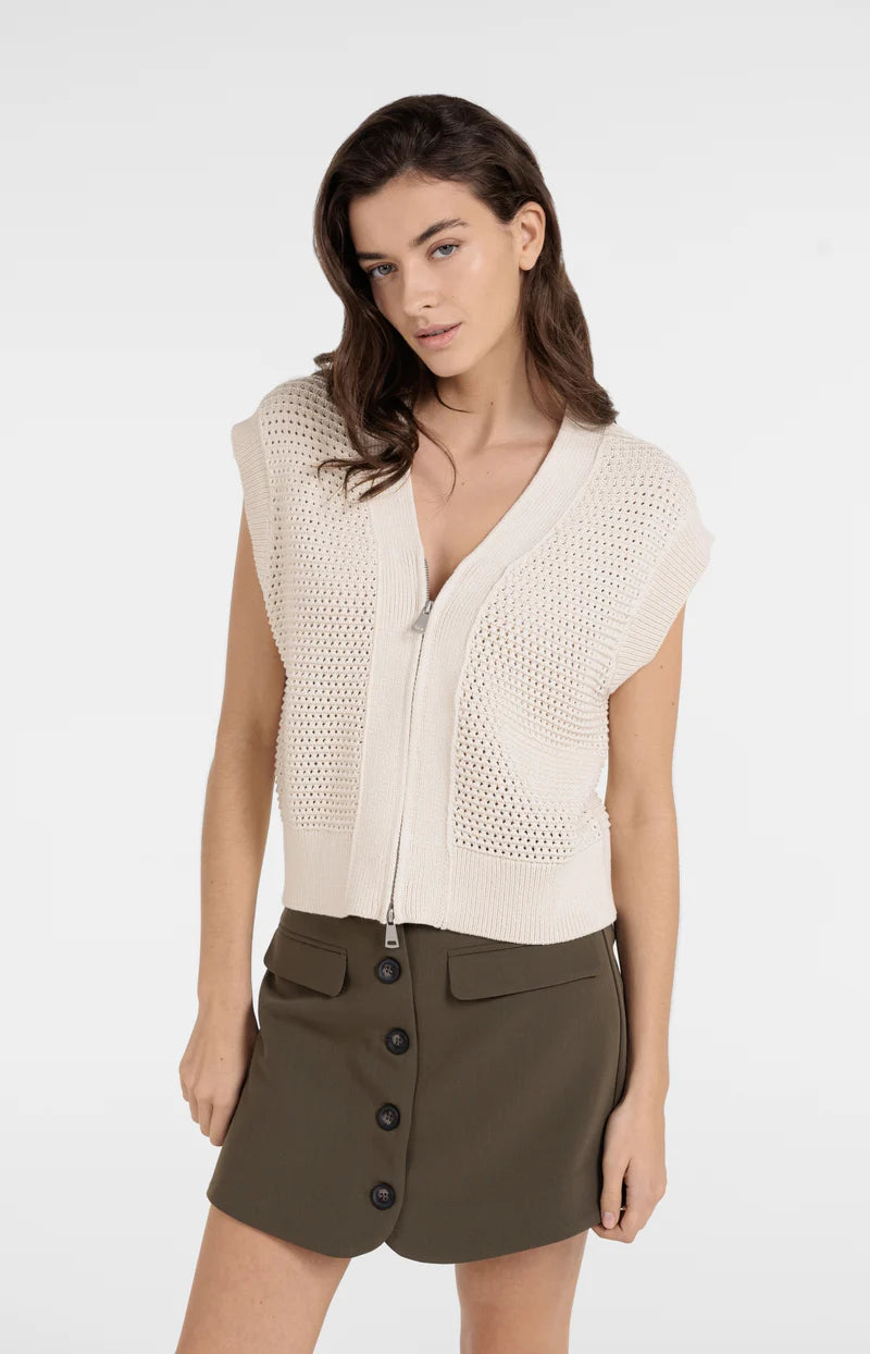 MESH STITCH SLEEVELESS CARDIGAN W ZIPPER