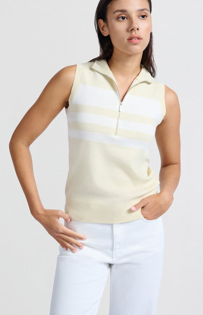 SLEEVELESS STRIPE SWEATER W/ ZIPPER