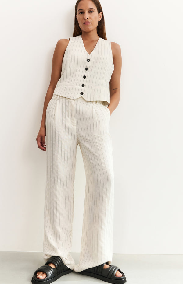 LINEN MIX WOVEN WIDE LEG TROUSERS WITH PINSTRIPE