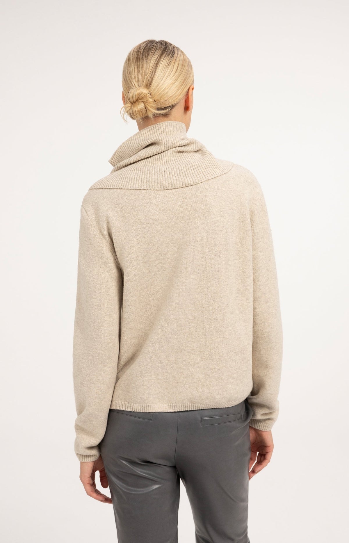 Back view of YAYA light beige mix turtleneck sweater with scarf detail on female model