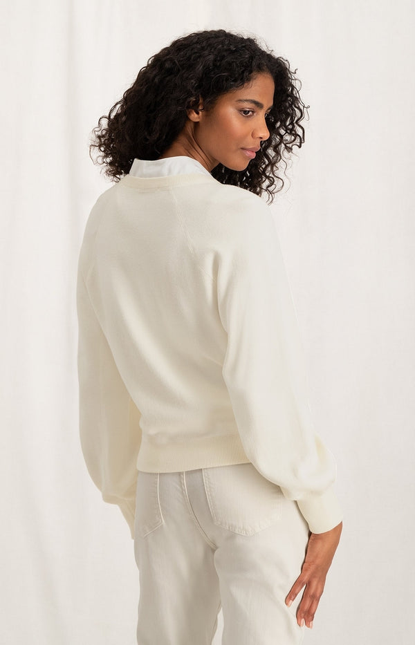 Sweater with V-neck, long balloon sleeves and woven details