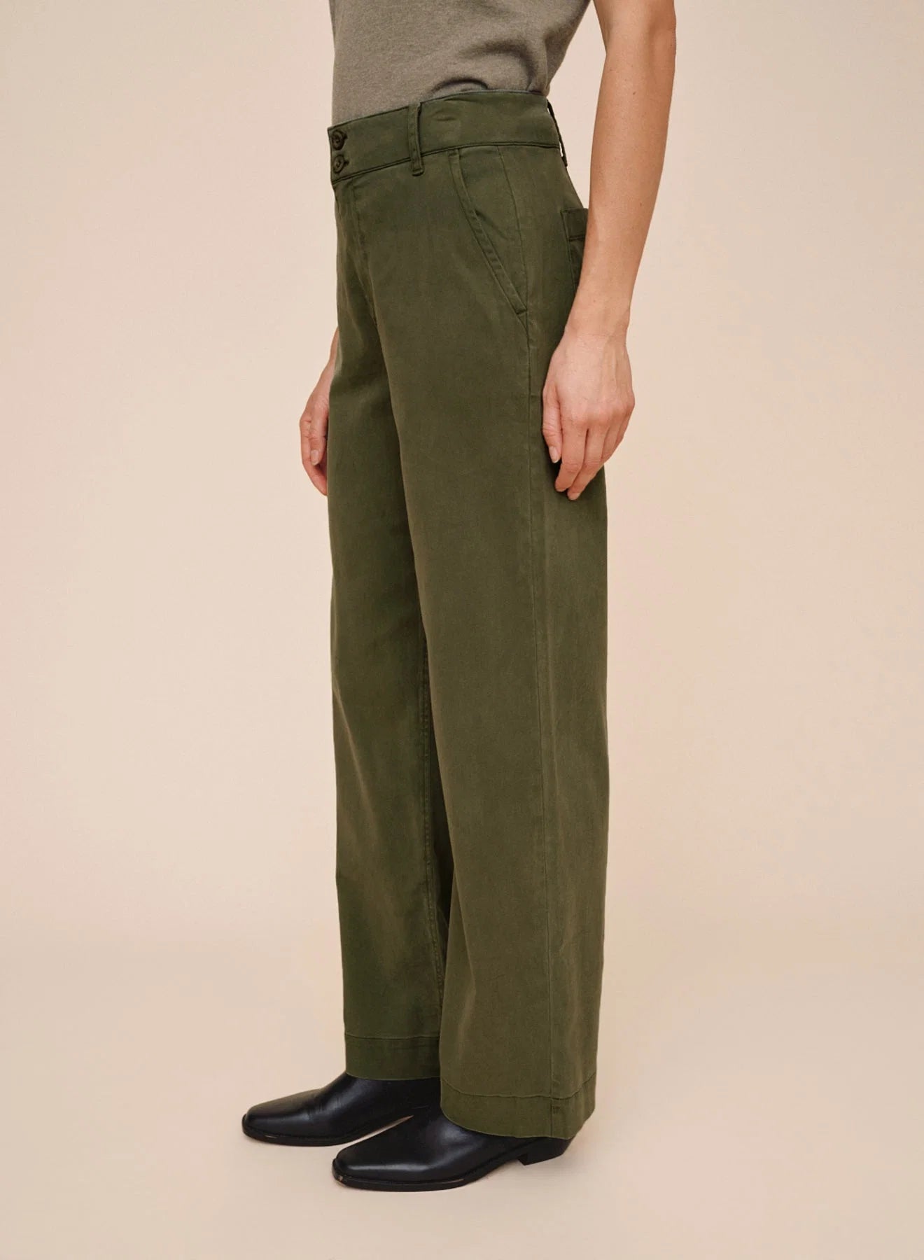Olive green wide leg trousers with pleats, high waist, and cuffed hem