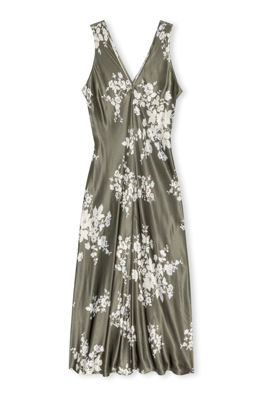 Rails Camellia midi dress in olive green satin with white floral lace print, V-neck, sleeveless