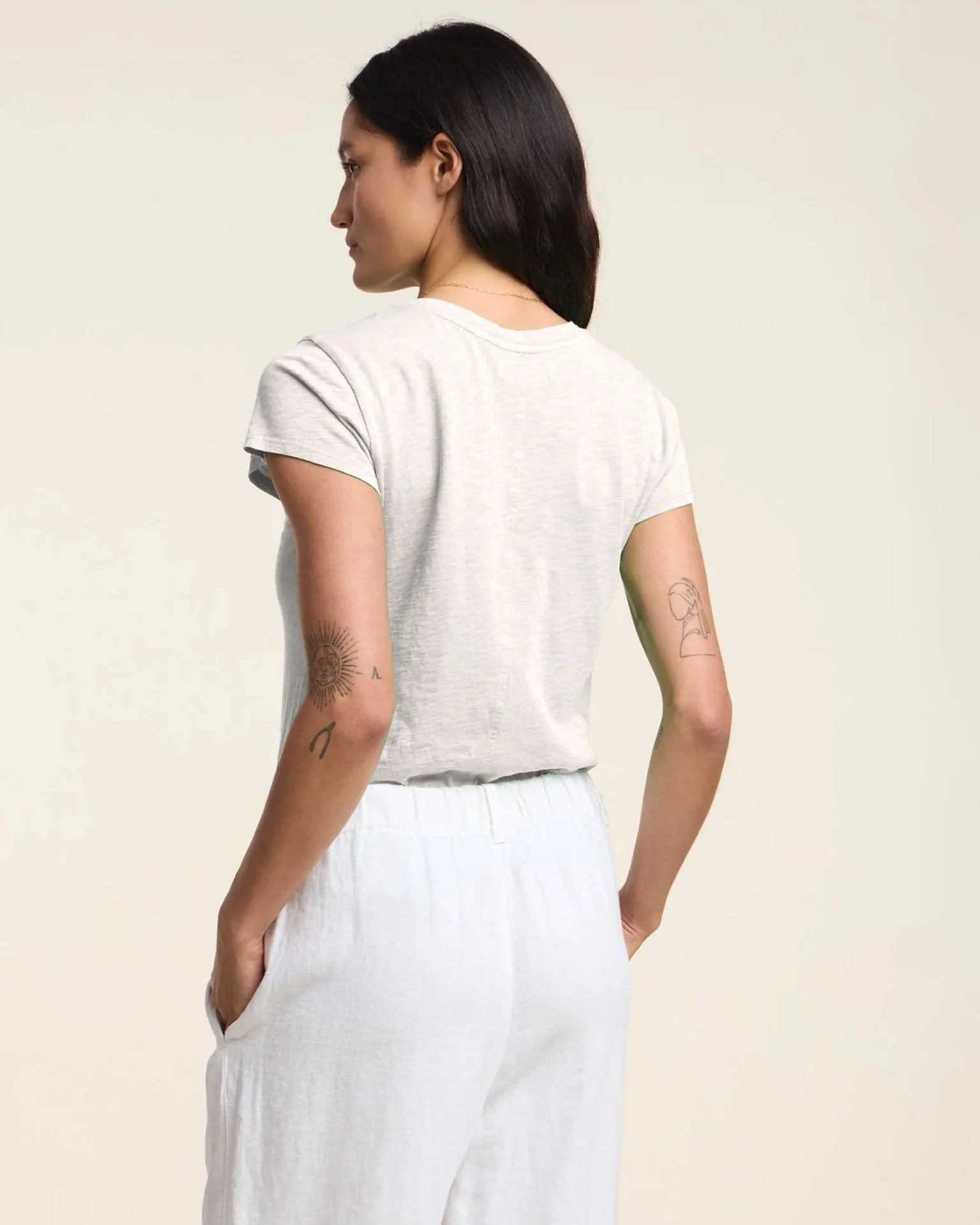 Velvet Odelia Tee in white slub cotton, short sleeves, rear view on model