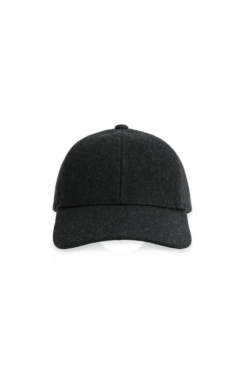 Charcoal grey wool baseball cap with structured crown and curved brim