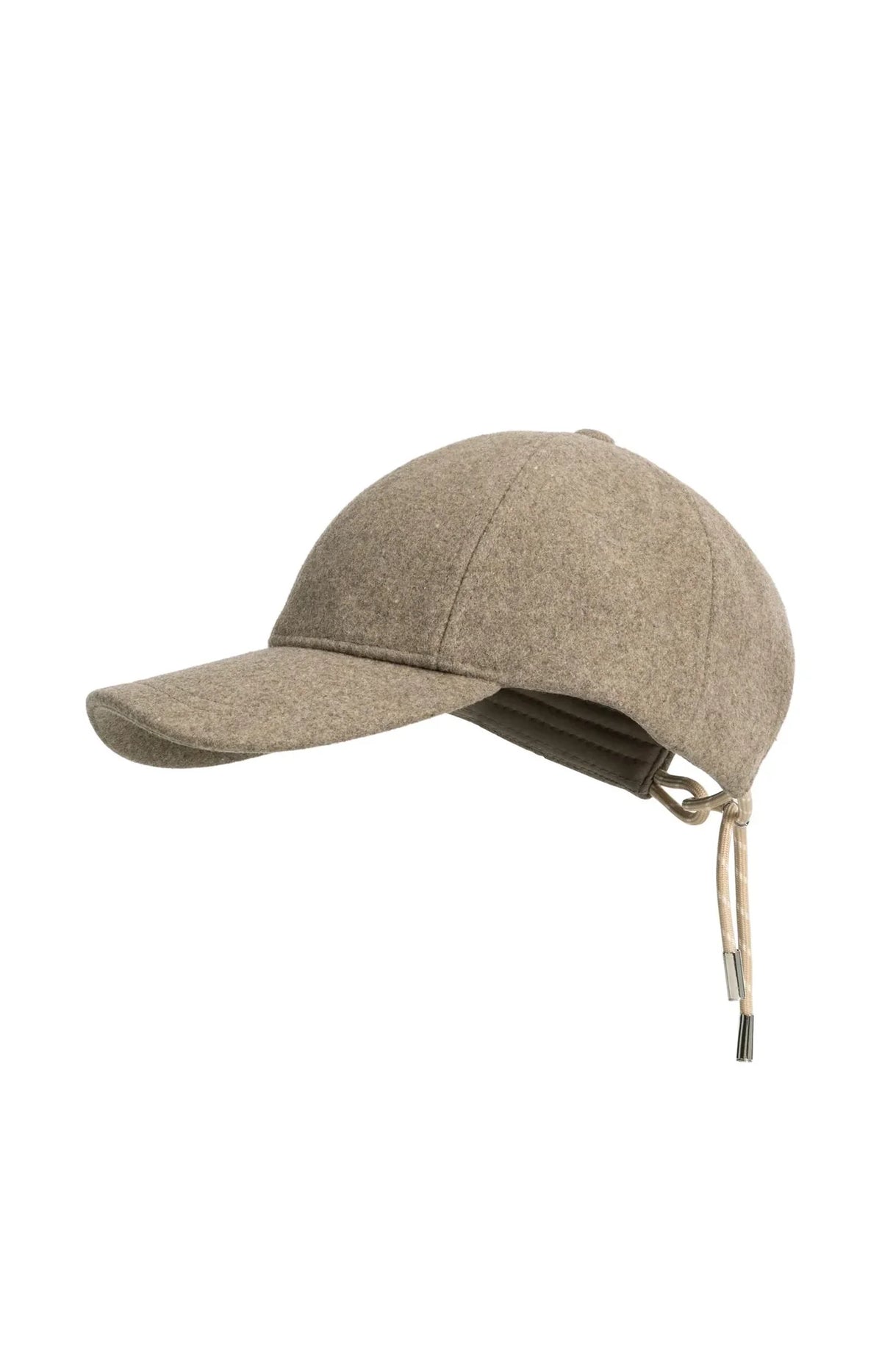 Taupe heathered wool baseball cap with beige adjustable drawstring closure