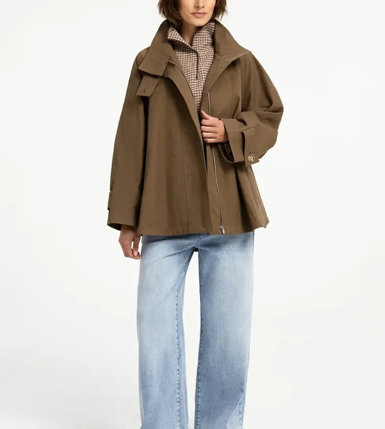 Olive green A-line trench jacket with zipper, wide lapels, and drop shoulders
