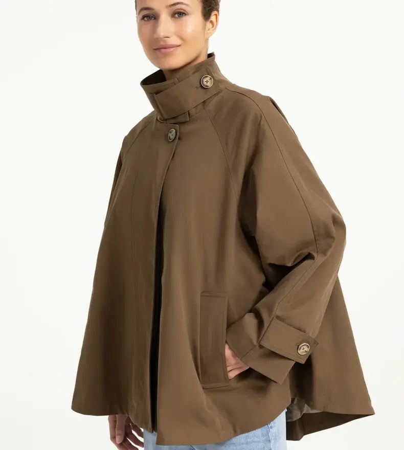 Olive green woven A-line cape trench jacket with high collar and gold buttons