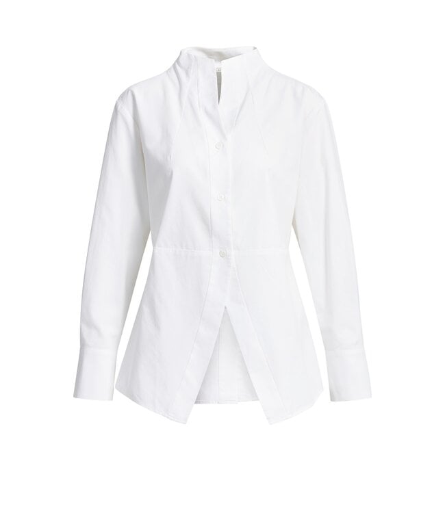 YAYA A-line blouse with high neck in pure white, long sleeves, button front, asymmetric hem