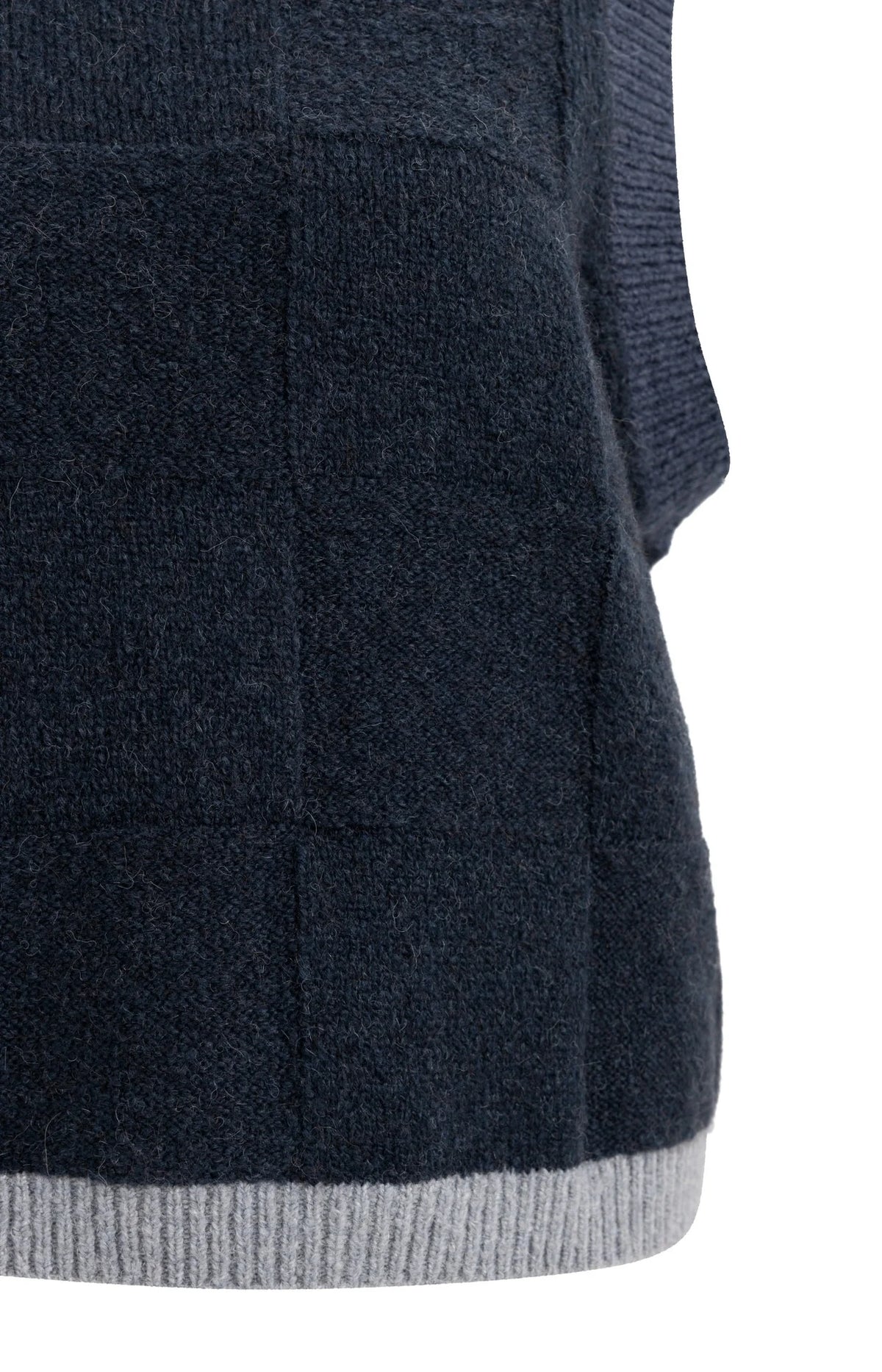 Navy blue check textured knit spencer with contrast grey ribbed hem detail