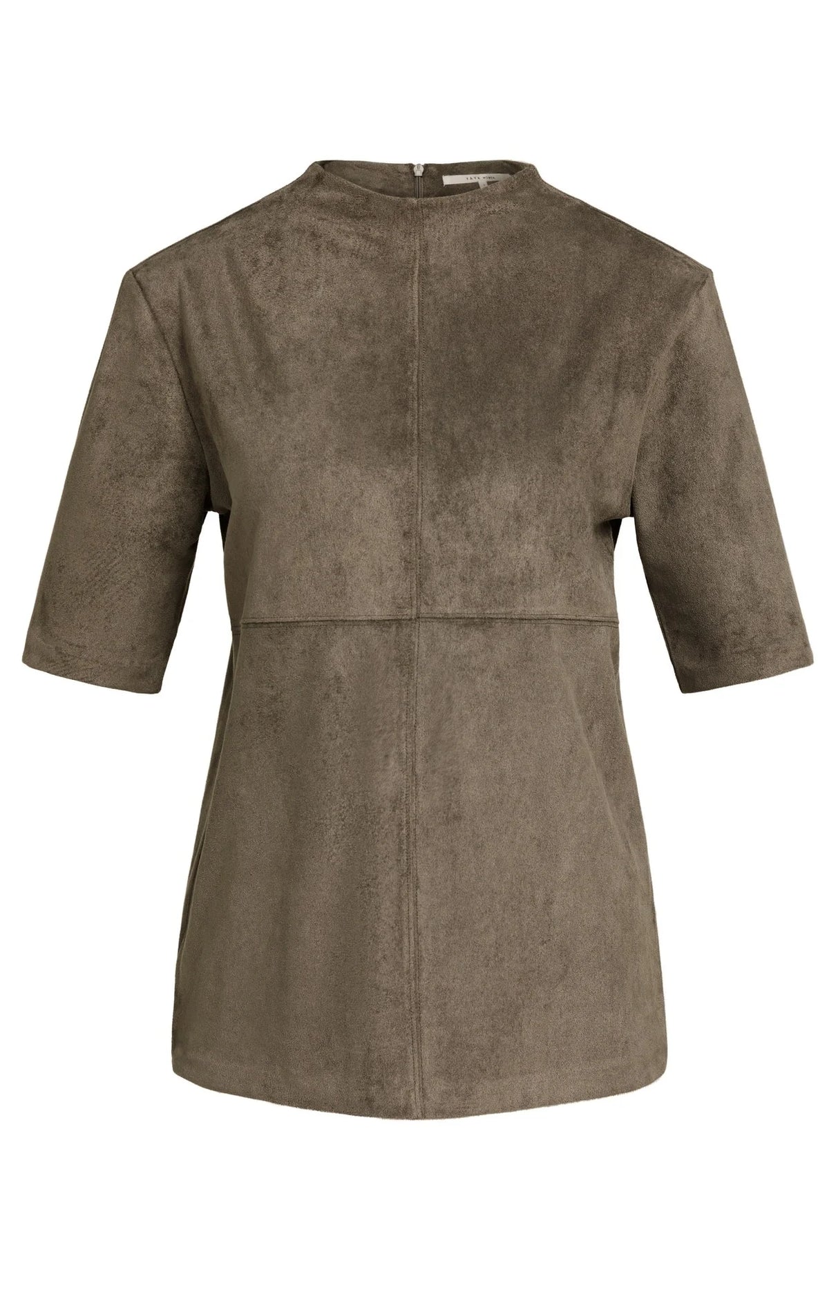 Taupe suedine high neck top with elbow-length sleeves and panelled seam detail