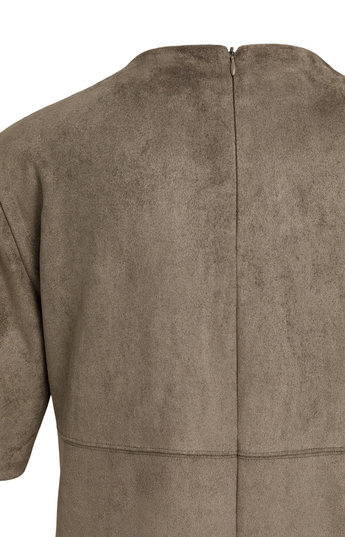 Taupe suedine high neck top back view with center zip and seam detail