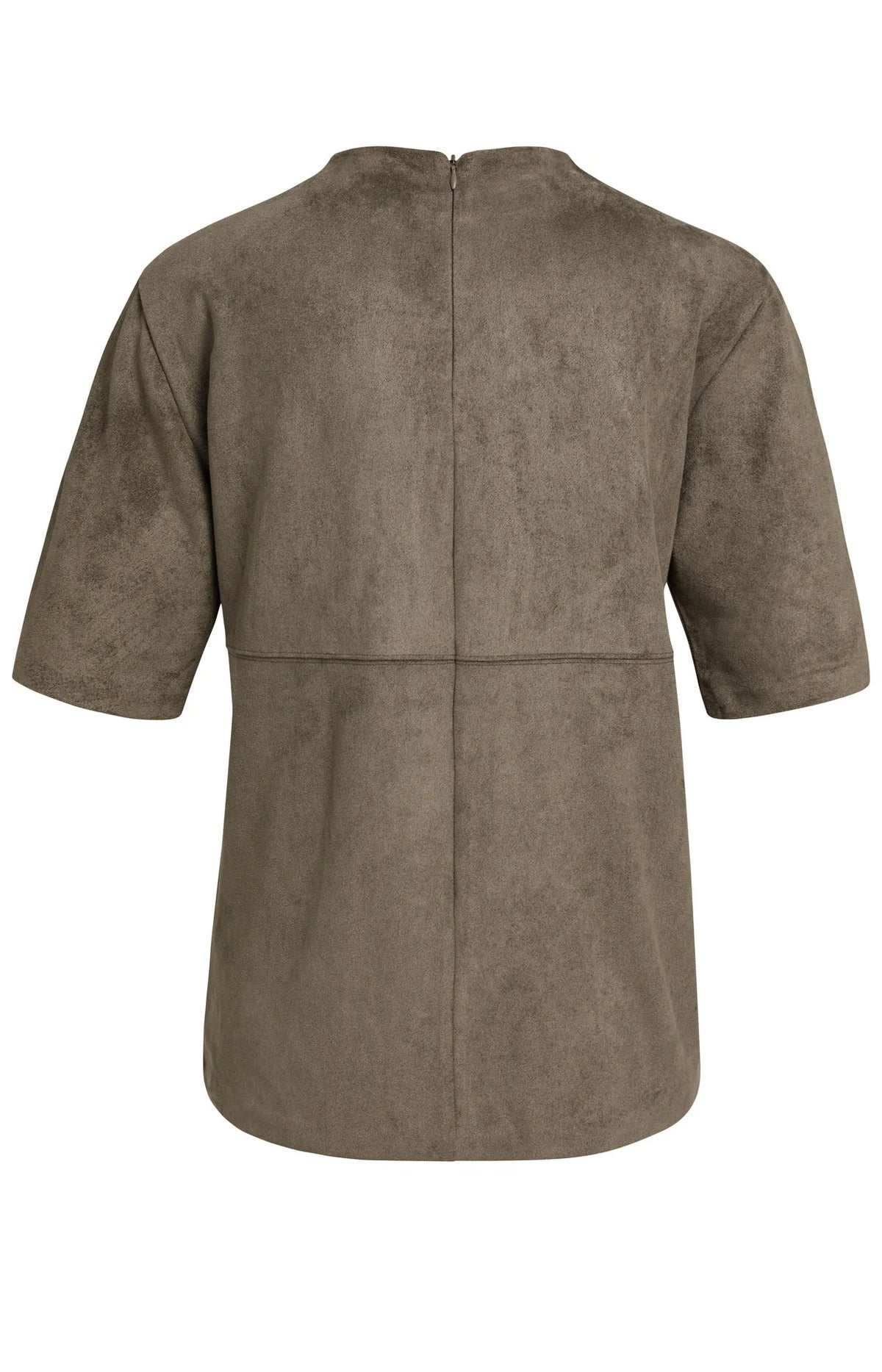 Taupe suedine high neck top with short sleeves and back zip, rear view