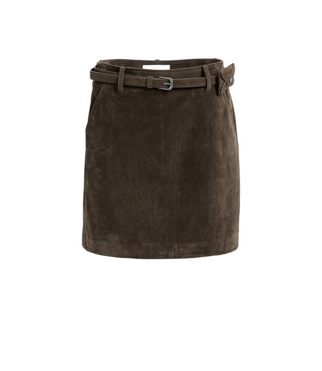 YAYA suedine mini skirt in Delicioso Brown with matching fancy belt detail, front view