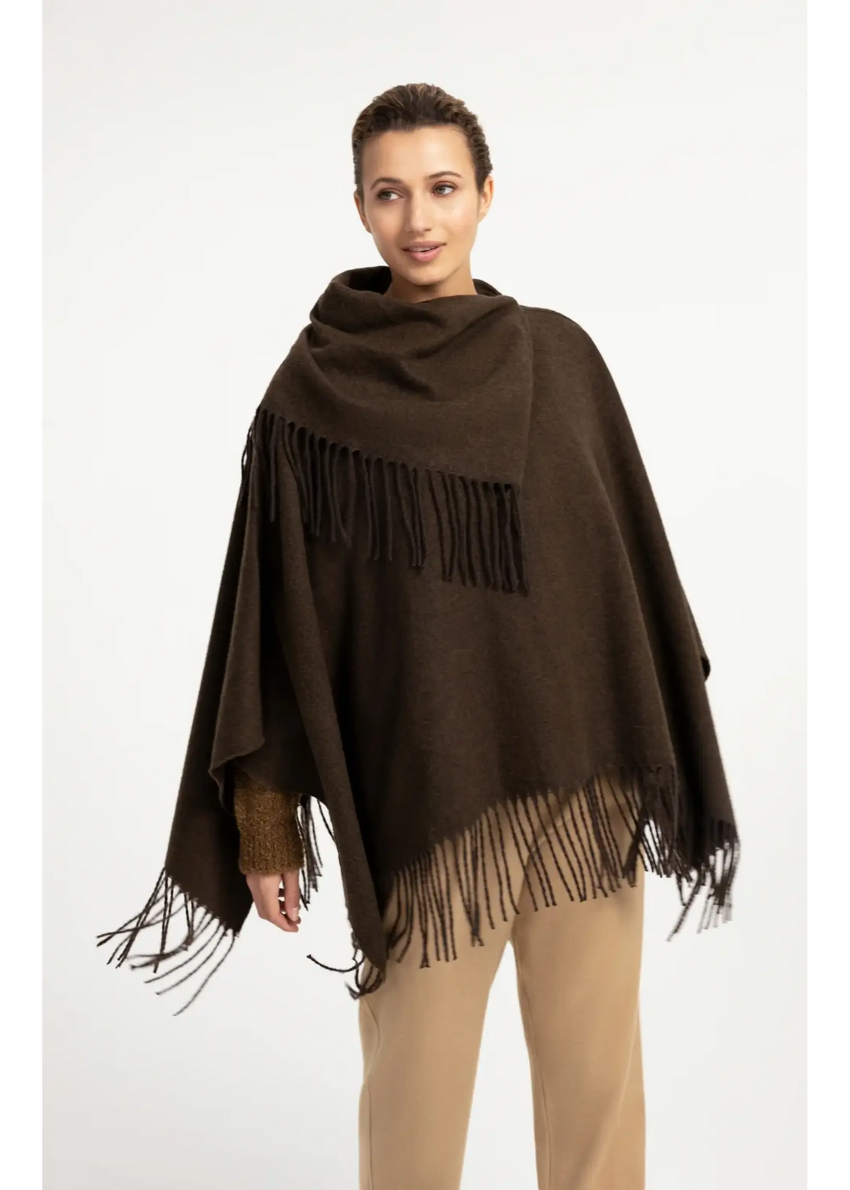 Dark brown wool poncho with twisted self-fringe trim and draped cowl neck