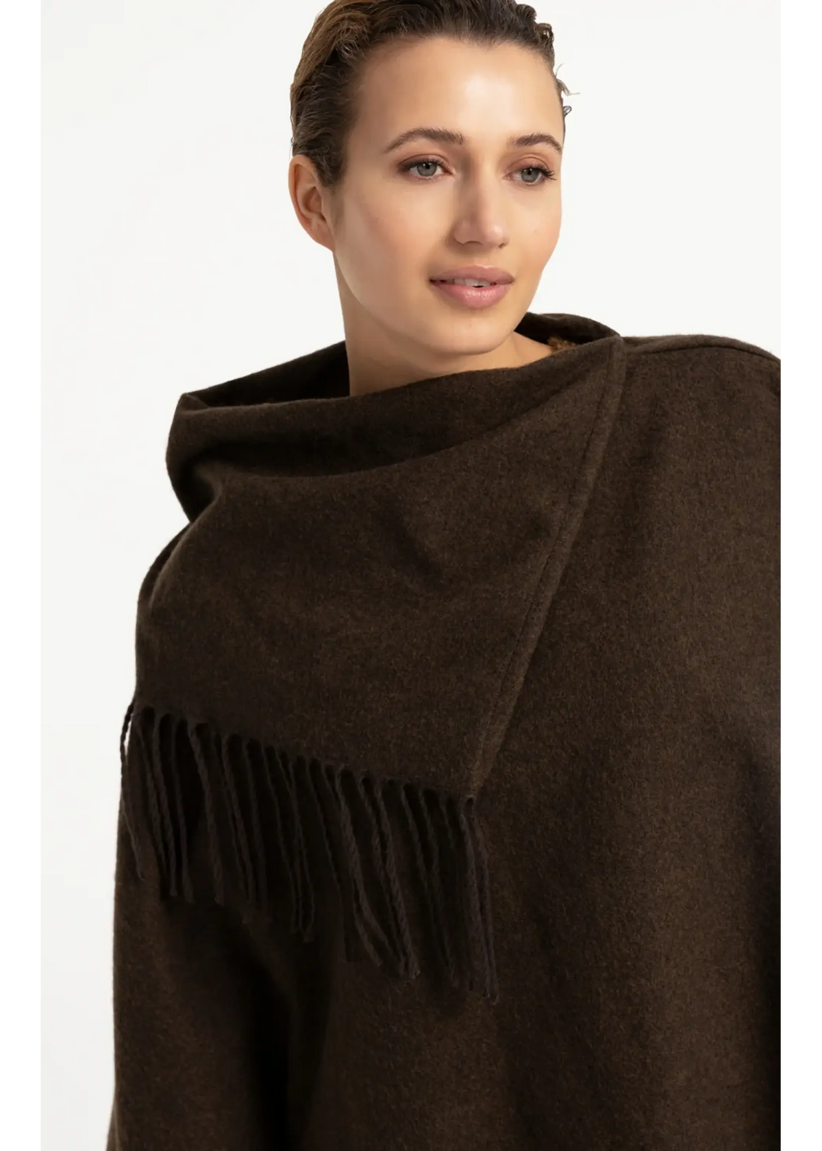 Dark brown hooded wool poncho with twisted self fringe detail across yoke