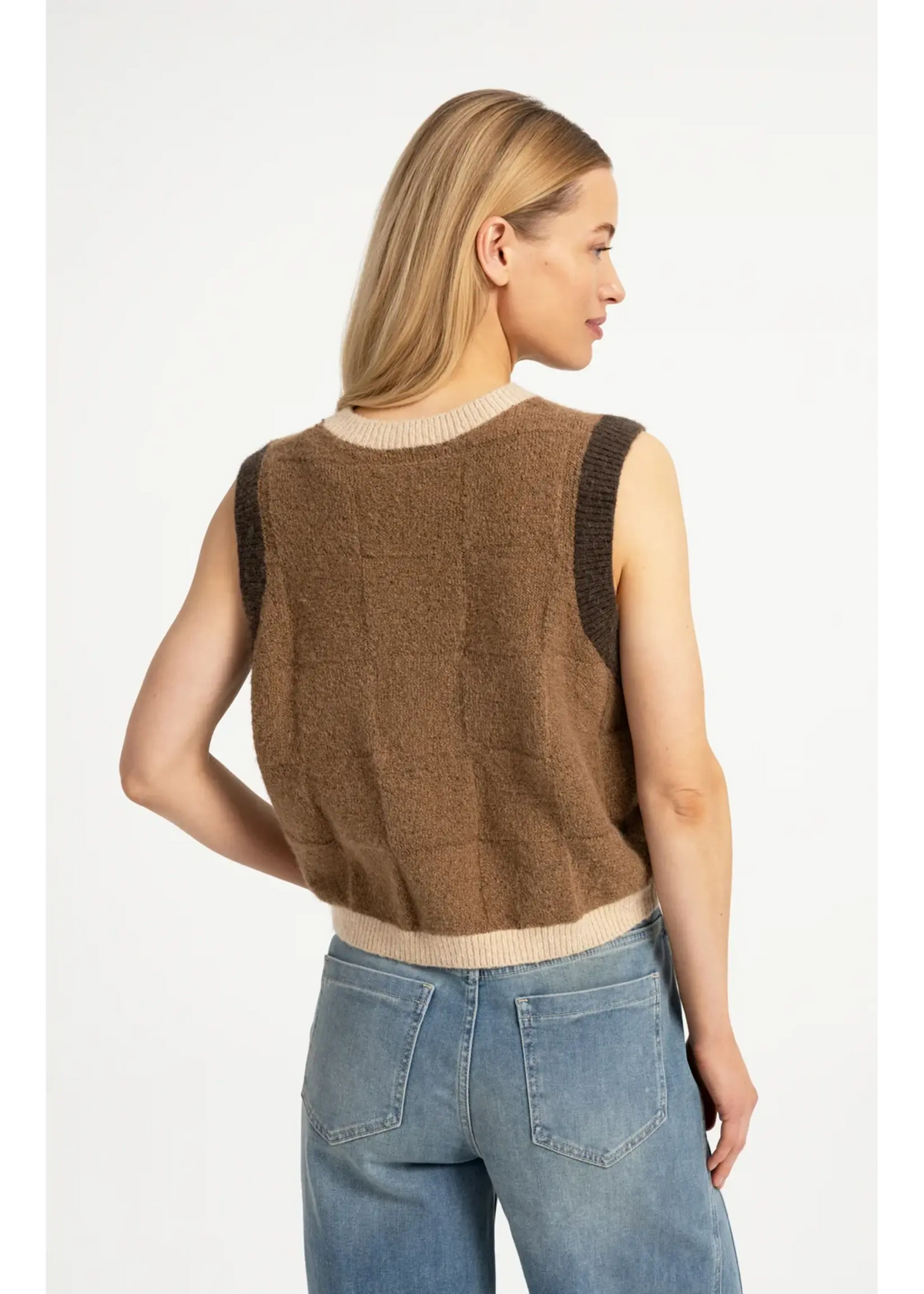 Brown check textured knit sweater vest with beige trim, back view